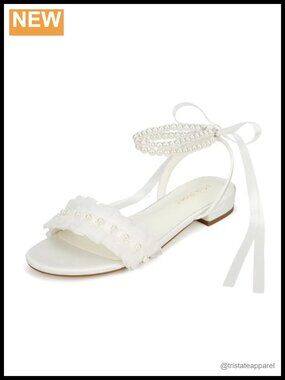 Satin Pearl Wedding Flats Open Toe Ankle Strap Bridal Sandals